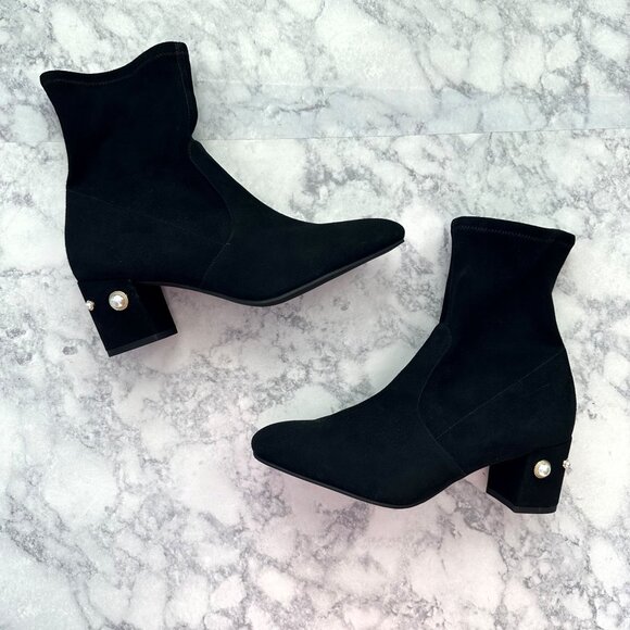 Stuart Weitzman Siggy Pearl Suede Booties in Black - Picture 2 of 9